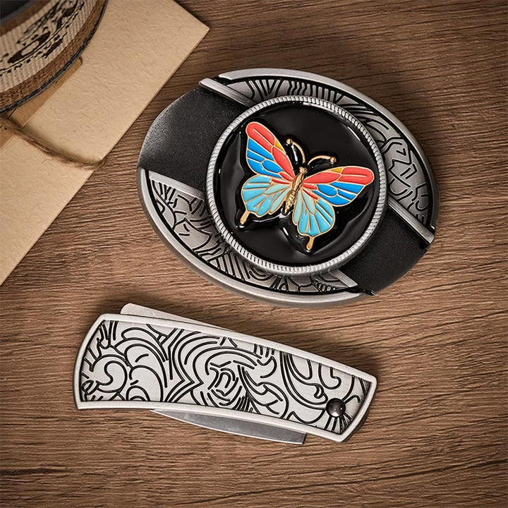 Colorful Butterfly DIY Hidden Folding Knife Buckle Leather Belt - image 9