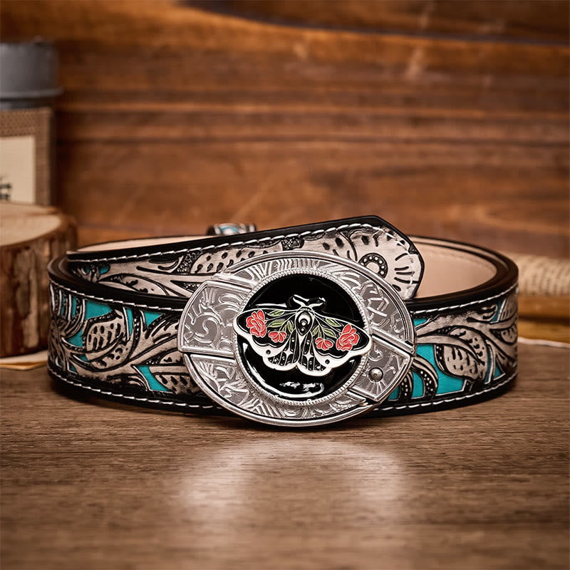 Rose Moth Gothic DIY Hidden Folding Knife Buckle Leather Belt - Rose Moth - Gray Floral Belt - 42 - image 8