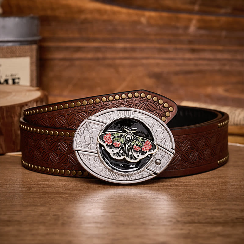 Rose Moth Gothic DIY Hidden Folding Knife Buckle Leather Belt - Rose Moth - Brown Rivet Belt - 42 - image 4