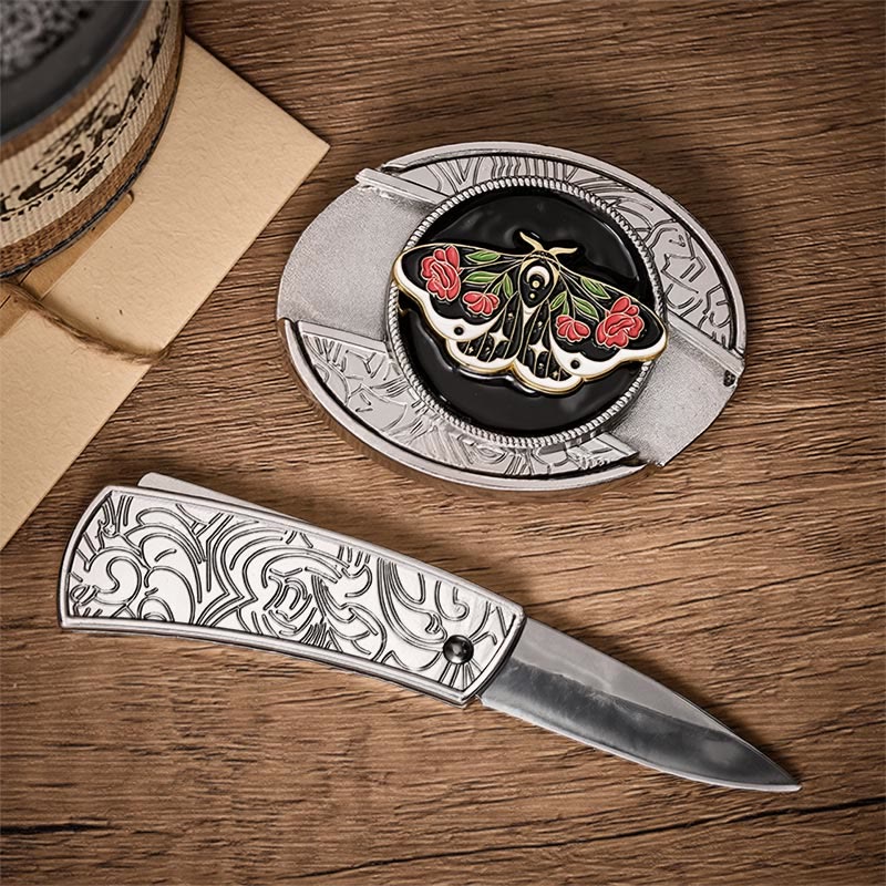 Rose Moth Gothic DIY Hidden Folding Knife Buckle Leather Belt - image 1