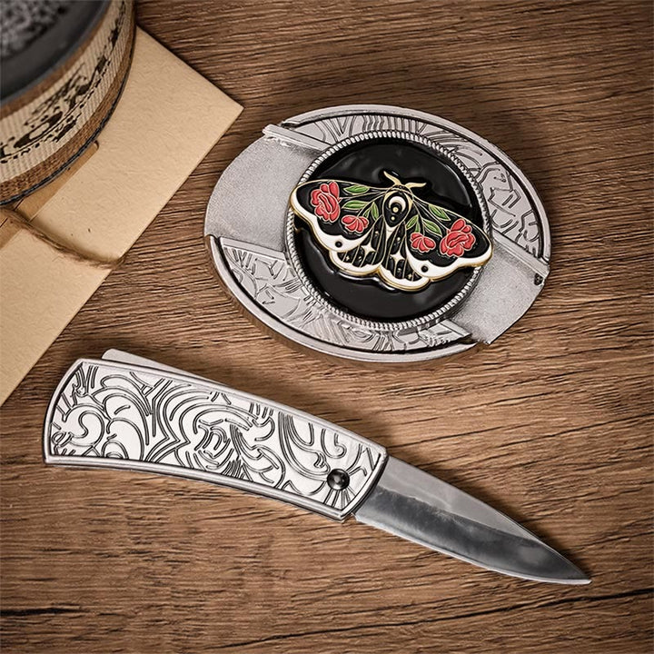 Rose Moth Gothic DIY Hidden Folding Knife Buckle Leather Belt - image 1