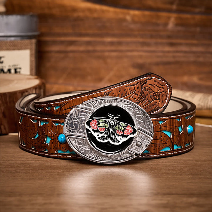 Rose Moth Gothic DIY Hidden Folding Knife Buckle Leather Belt - Rose Moth - Turquoise Carved Belt - 42 - image 3