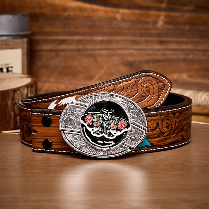 Rose Moth Gothic DIY Hidden Folding Knife Buckle Leather Belt - Rose Moth - Brown Feather Belt - 40 - image 7
