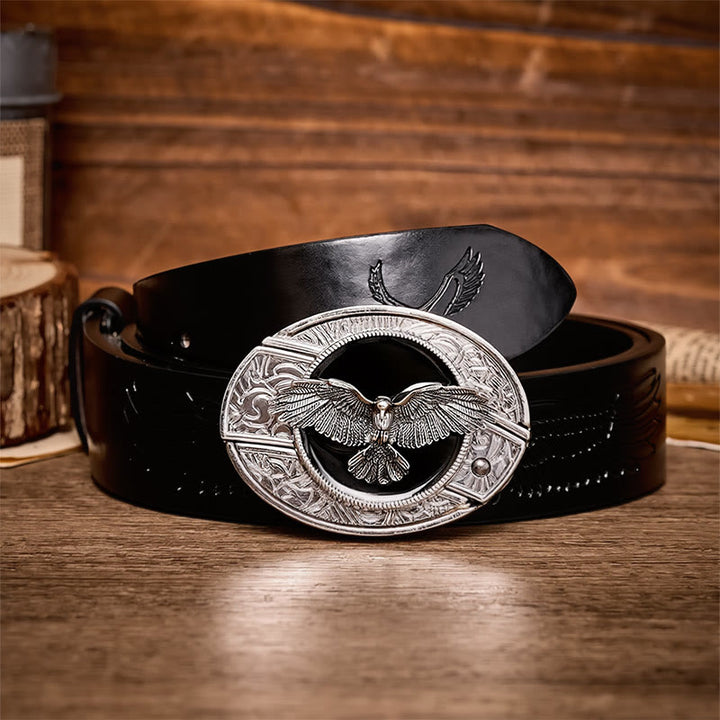 Black Freedom Eagle DIY Hidden Folding Knife Buckle Leather Belt - Eagle - Black Embossed Eagle Belt - 42 - image 2