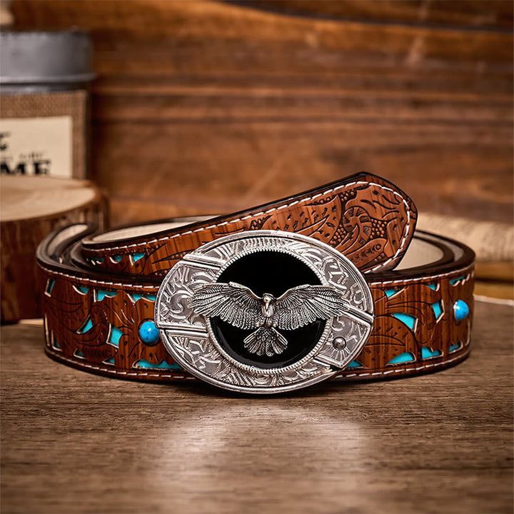 Black Freedom Eagle DIY Hidden Folding Knife Buckle Leather Belt - Eagle - Turquoise Carved Belt - 42 - image 3