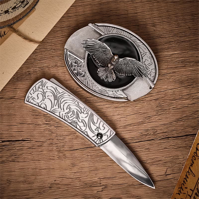 Black Freedom Eagle DIY Hidden Folding Knife Buckle Leather Belt - image 1