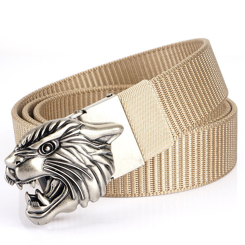Men's Roaring Tiger Head Nylon Belt - Beige / Silver - 48" - image 21