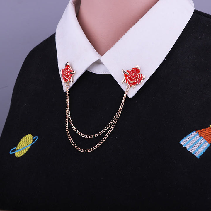 Rose Thorn Gothic Collar Chain Brooch For Shirt - Red & Gold - image 8