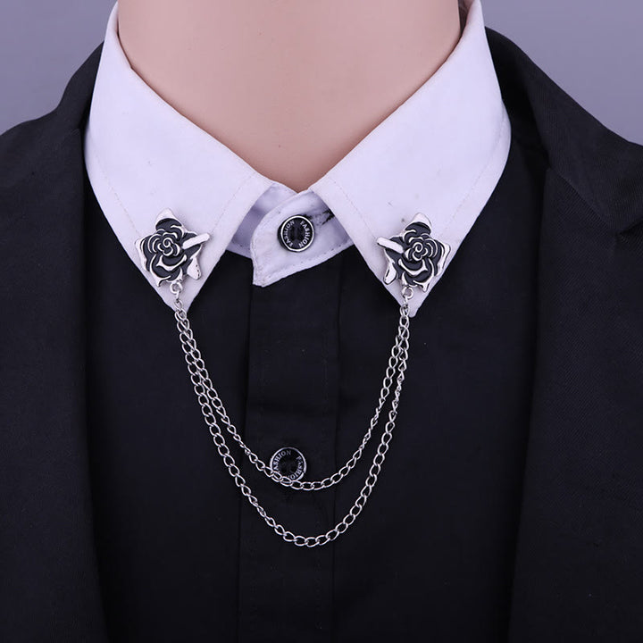 Rose Thorn Gothic Collar Chain Brooch For Shirt - Black & Silver - image 0