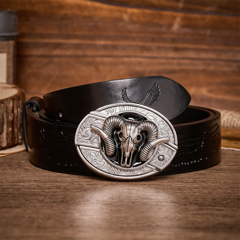 Dark Horned Ram Skull DIY Hidden Folding Knife Buckle Leather Belt - Ram Skull - Black Embossed Eagle Belt - 42 - image 2