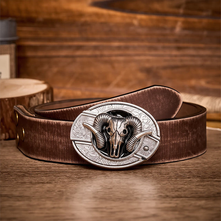 Dark Horned Ram Skull DIY Hidden Folding Knife Buckle Leather Belt - Ram Skull - Brown Distressed Belt - 42 - image 5