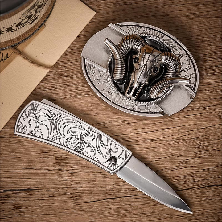 Dark Horned Ram Skull DIY Hidden Folding Knife Buckle Leather Belt - image 1