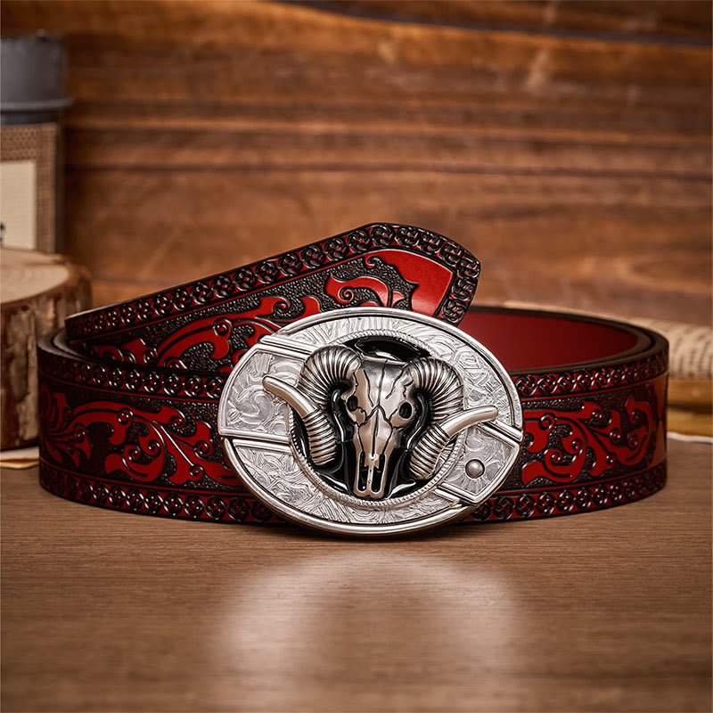 Dark Horned Ram Skull DIY Hidden Folding Knife Buckle Leather Belt - Ram Skull - Brown Carved Belt - 42 - image 6
