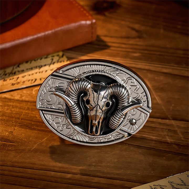 Dark Horned Ram Skull DIY Hidden Folding Knife Buckle Leather Belt - Ram Skull - Without Belt - Not Included Belt - image 0