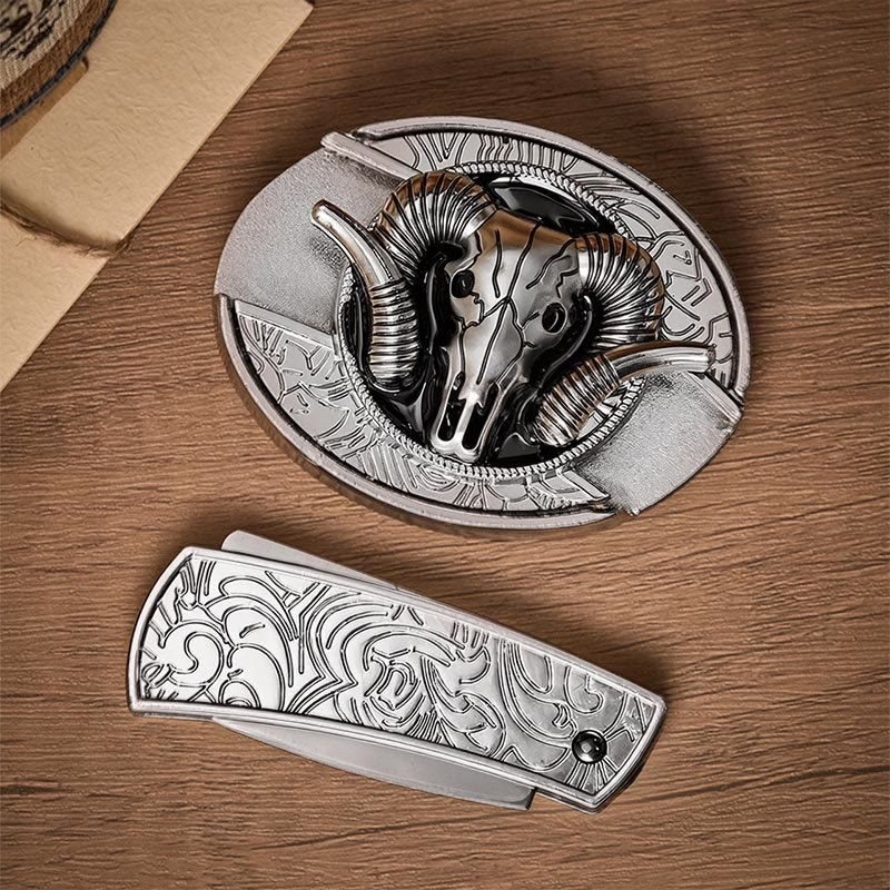 Dark Horned Ram Skull DIY Hidden Folding Knife Buckle Leather Belt - image 9