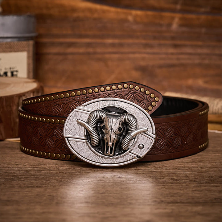 Dark Horned Ram Skull DIY Hidden Folding Knife Buckle Leather Belt - Ram Skull - Brown Rivet Belt - 42 - image 4