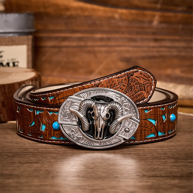 Dark Horned Ram Skull DIY Hidden Folding Knife Buckle Leather Belt - Ram Skull - Turquoise Carved Belt - 42 - image 3