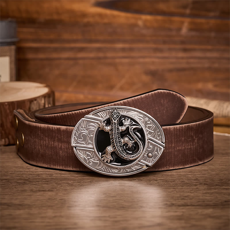 Desert Lizard DIY Hidden Folding Knife Buckle Leather Belt - Lizard - Brown Distressed Belt - 42 - image 5