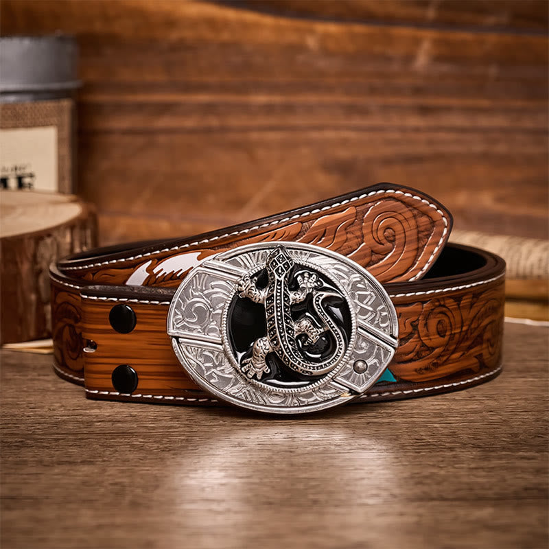 Desert Lizard DIY Hidden Folding Knife Buckle Leather Belt - Lizard - Brown Feather Belt - 40 - image 7