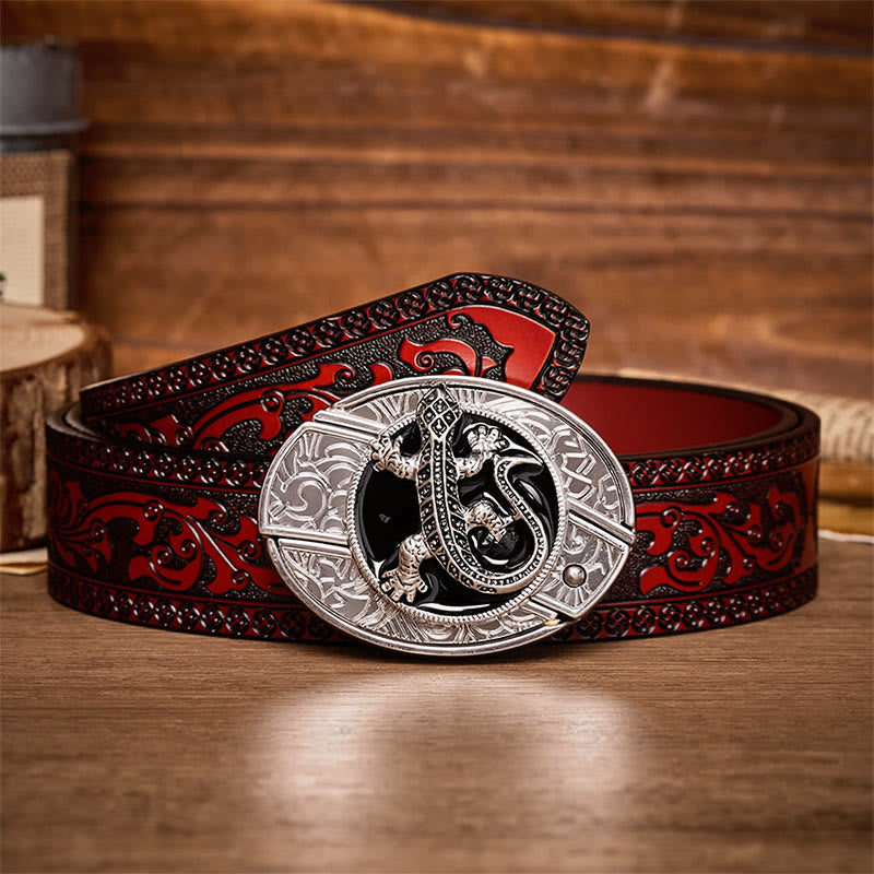 Desert Lizard DIY Hidden Folding Knife Buckle Leather Belt - Lizard - Brown Carved Belt - 42 - image 6