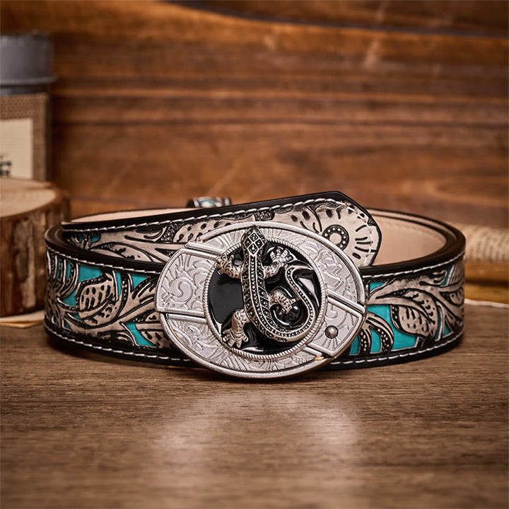 Desert Lizard DIY Hidden Folding Knife Buckle Leather Belt - Lizard - Gray Floral Belt - 42 - image 8