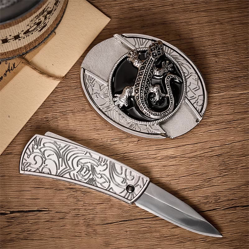 Desert Lizard DIY Hidden Folding Knife Buckle Leather Belt - image 1