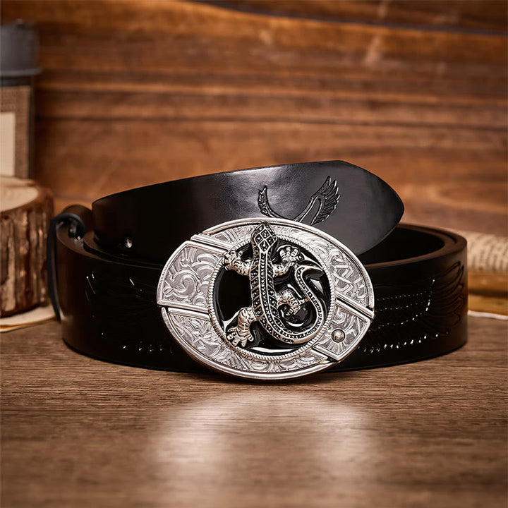Desert Lizard DIY Hidden Folding Knife Buckle Leather Belt - Lizard - Black Embossed Eagle Belt - 42 - image 2