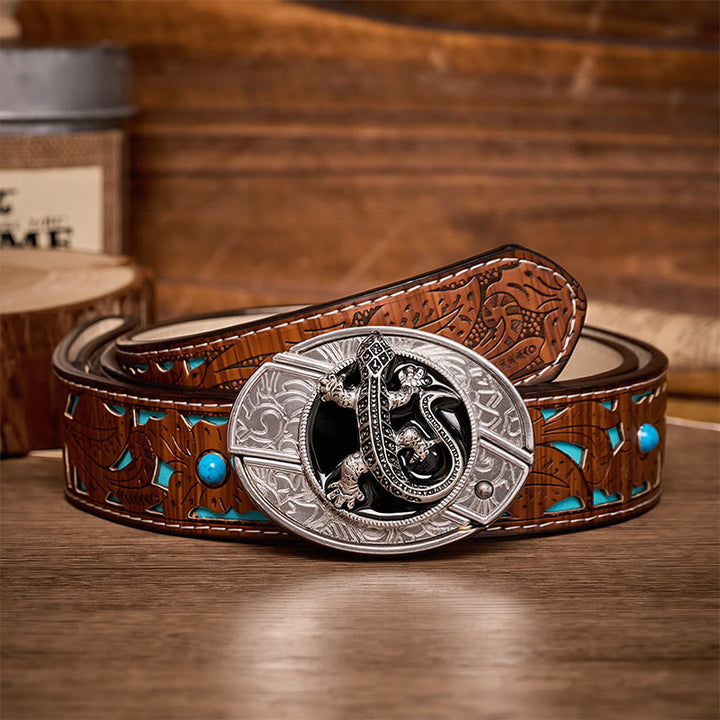 Desert Lizard DIY Hidden Folding Knife Buckle Leather Belt - Lizard - Turquoise Carved Belt - 42 - image 3