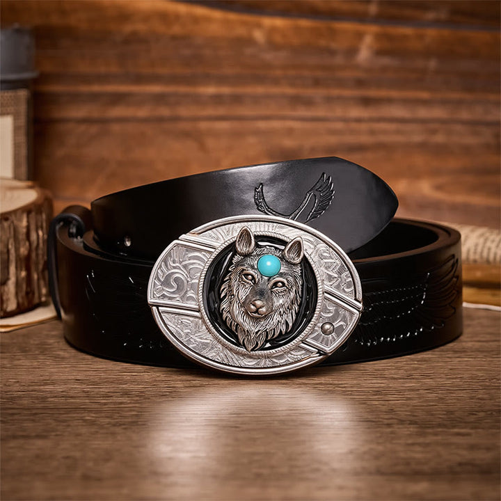 Turquoise Wolf DIY Hidden Folding Knife Buckle Leather Belt - Wolf - Black Embossed Eagle Belt - 42 - image 2