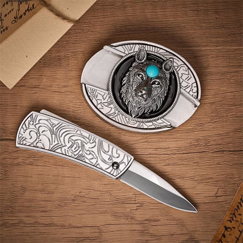 Turquoise Wolf DIY Hidden Folding Knife Buckle Leather Belt - image 1