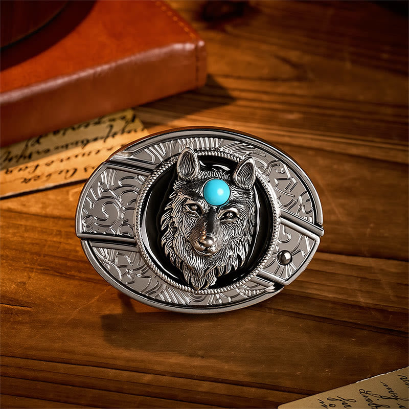 Turquoise Wolf DIY Hidden Folding Knife Buckle Leather Belt - Wolf - Without Belt - Not Included Belt - image 0