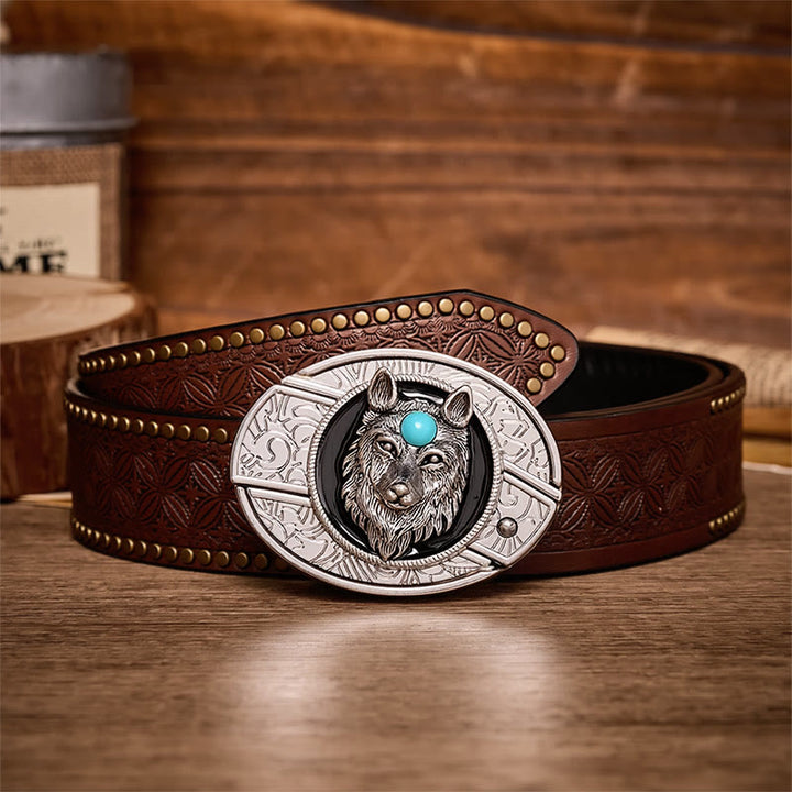 Turquoise Wolf DIY Hidden Folding Knife Buckle Leather Belt - Wolf - Brown Rivet Belt - 42 - image 4