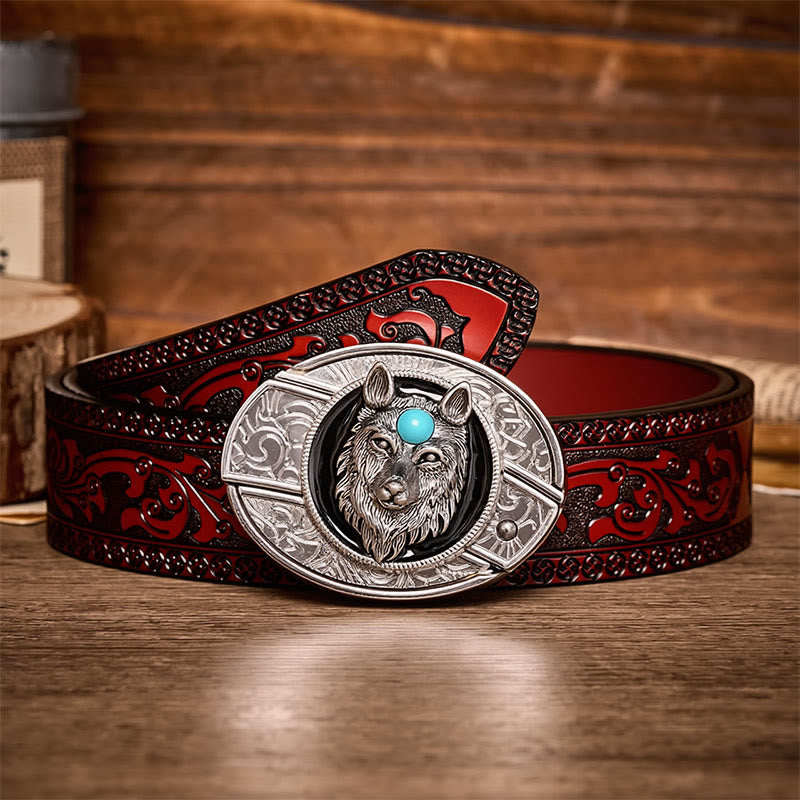 Turquoise Wolf DIY Hidden Folding Knife Buckle Leather Belt - Wolf - Brown Carved Belt - 42 - image 6