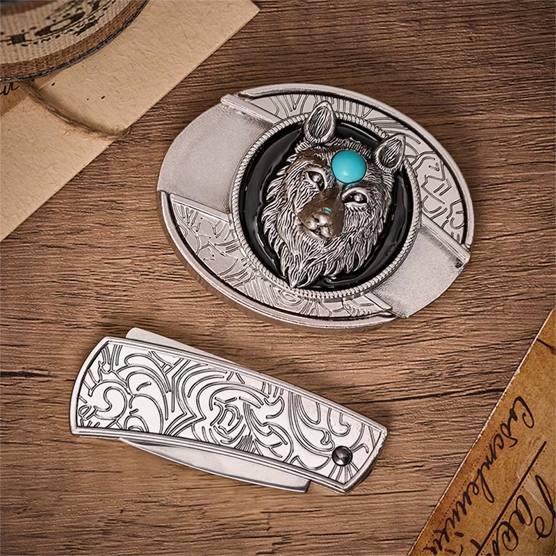 Turquoise Wolf DIY Hidden Folding Knife Buckle Leather Belt - image 9