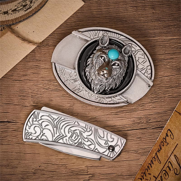 Turquoise Wolf DIY Hidden Folding Knife Buckle Leather Belt - image 9