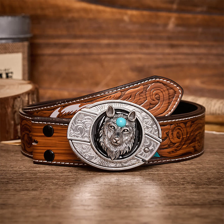 Turquoise Wolf DIY Hidden Folding Knife Buckle Leather Belt - Wolf - Brown Feather Belt - 40 - image 7