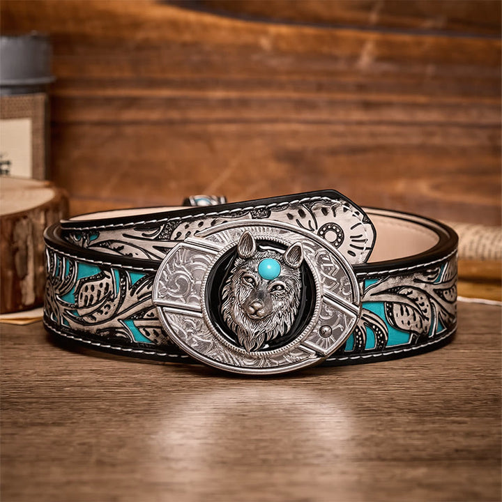 Turquoise Wolf DIY Hidden Folding Knife Buckle Leather Belt - Wolf - Gray Floral Belt - 42 - image 8
