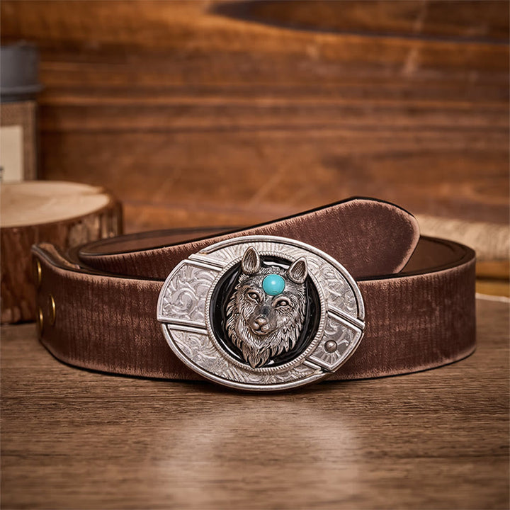 Turquoise Wolf DIY Hidden Folding Knife Buckle Leather Belt - Wolf - Brown Distressed Belt - 42 - image 5