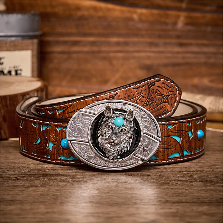 Turquoise Wolf DIY Hidden Folding Knife Buckle Leather Belt - Wolf - Turquoise Carved Belt - 42 - image 3