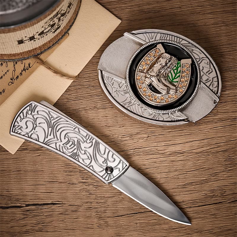 Boots & Horseshoe DIY Hidden Folding Knife Buckle Leather Belt - image 1