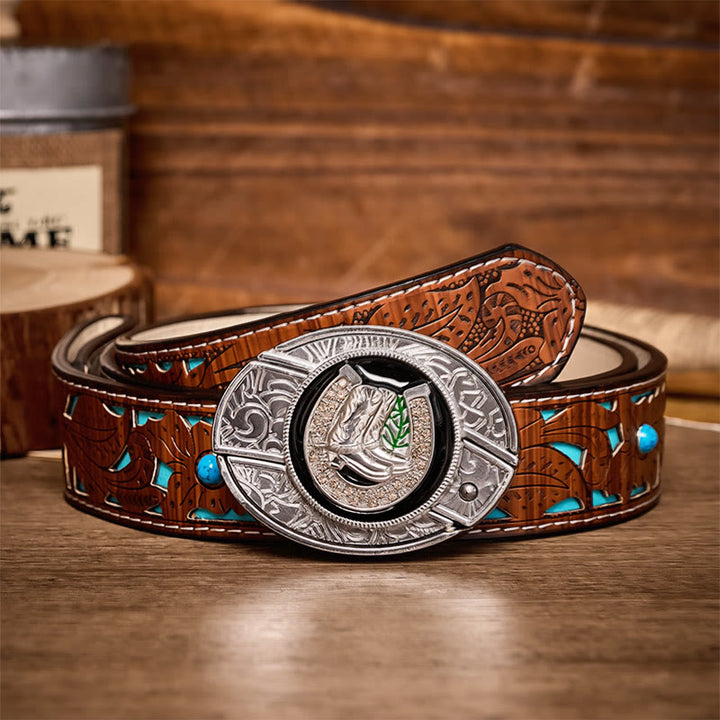 Boots & Horseshoe DIY Hidden Folding Knife Buckle Leather Belt - Boots & Horseshoe - Turquoise Carved Belt - 42 - image 3