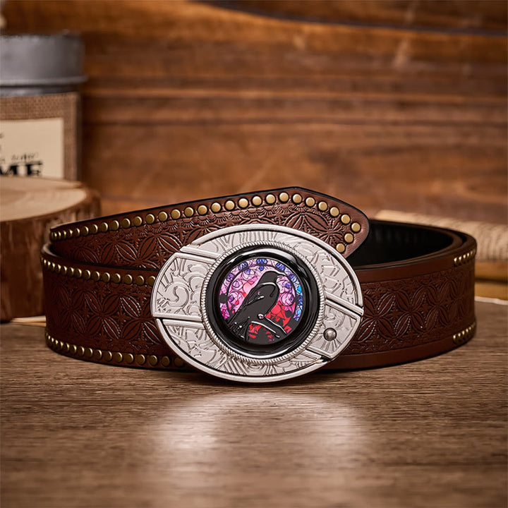 Witchy Raven DIY Hidden Folding Knife Buckle Leather Belt - Raven - Brown Rivet Belt - 42 - image 4