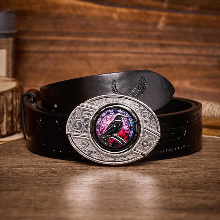 Witchy Raven DIY Hidden Folding Knife Buckle Leather Belt - Raven - Black Embossed Eagle Belt - 42 - image 2