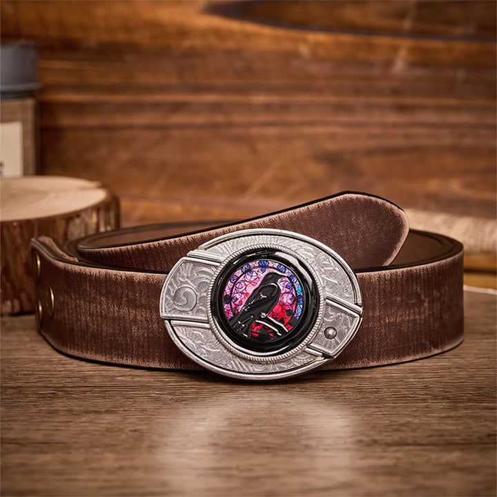 Witchy Raven DIY Hidden Folding Knife Buckle Leather Belt - Raven - Brown Distressed Belt - 42 - image 5