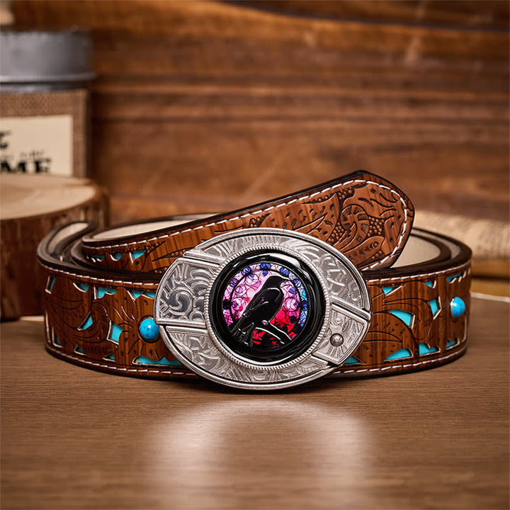 Witchy Raven DIY Hidden Folding Knife Buckle Leather Belt - Raven - Turquoise Carved Belt - 42 - image 3