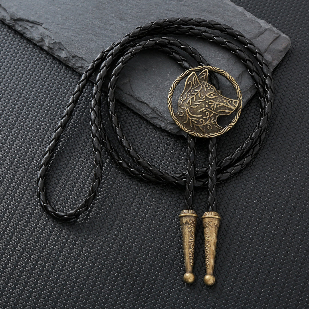 Vintage Antique Gold Hollow Wolf Head Bolo Tie - Bronze - image 2