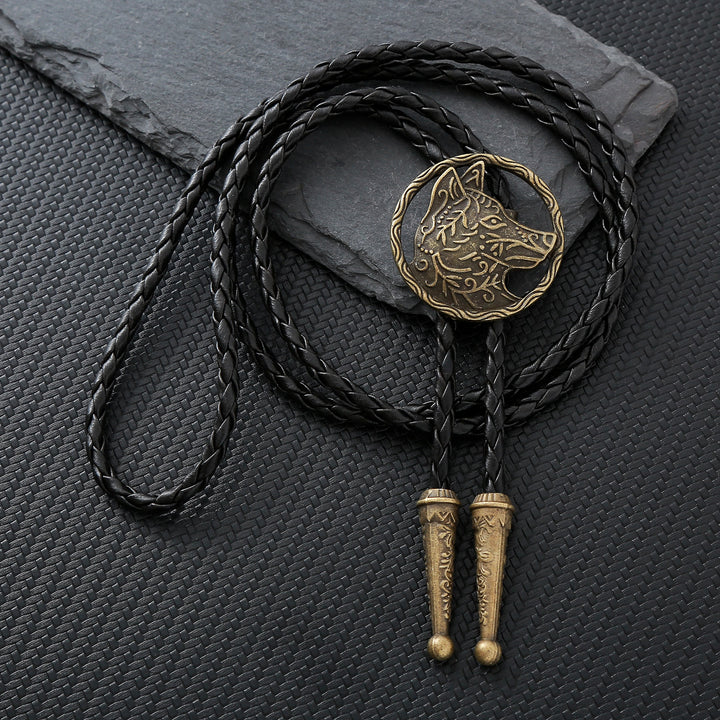 Vintage Antique Gold Hollow Wolf Head Bolo Tie - Bronze - image 2