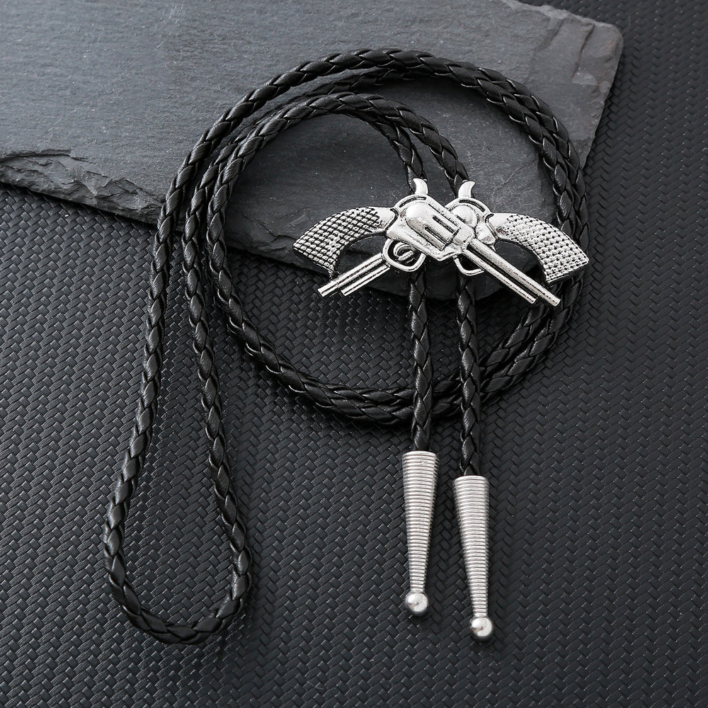 Western Retro Crossed Pistol Bolo Tie - Silver - image 1