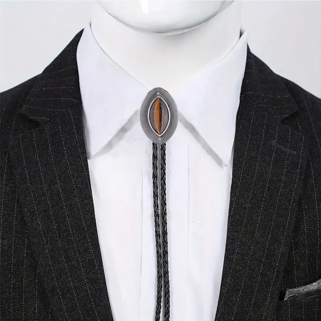 Vintage Antique Twisted Border Oval Cat Eye Stone Bolo Tie - image 10