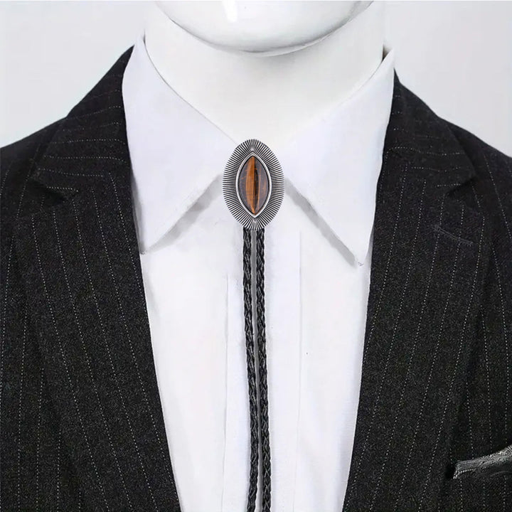 Vintage Antique Twisted Border Oval Cat Eye Stone Bolo Tie - image 10